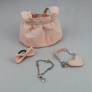 Handcrafted Light Pink Labubu Dress with Matching Bow Necklace Heart Purse